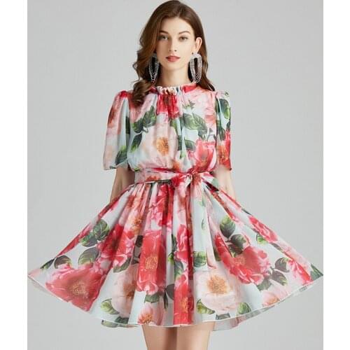 Elegant Bow Collar Camellia Floral Print Runway Chiffon Dress Summer Clothes Women Mini Party Robe Beach Vestidos k376