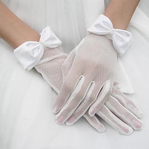 Elegant White Finger Short Wedding Gloves Wrist Length Formal Gloves Women Bridal Gloves with Bow In Stock