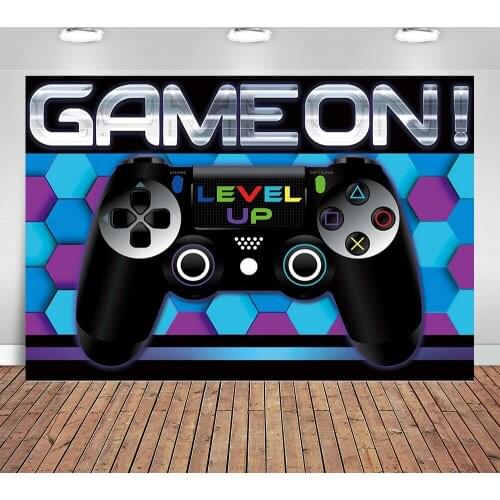 Blue Video Game Birthday Backdrop for Boy Level Up Banner Kids Party Supplies Playstation Theme Wall Decoration Baby Shower