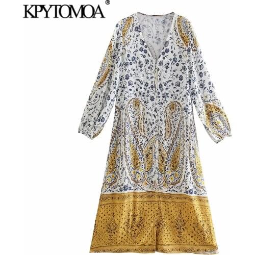 KPYTOMOA Women 2021 Fashion Patchwork Paisley Print Midi Dress Vintage Lantern Sleeve Side Vents Female Dresses Vestidos Mujer