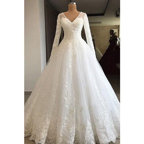 Lace Appliques Long Sleeve Wedding Dress for Bride V Neck Wedding Bridal Gowns Tulle Robe De Soirée De Mariage