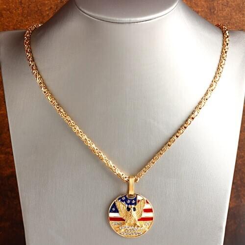 US Logo Pendant Hip-Hop Men Necklace Golden Chain Necklace For Men Fashion Jewelry Stainless Steel 3mm Width