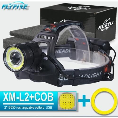 Dual light source zoom headlamp led xm-l t6 lampe frontal cob 2x18650 usb rechargeable headlight flashlight waterproof headtorch