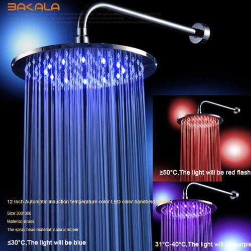 BAKALA 12 inch Round Temperature Sensor 3 Color LED Shower Head Sprinkler Bathroom Shower Heads LED120000