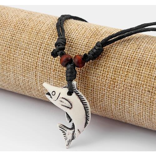 Wholesales 6Pcs Faux Tribal Yak Bone Resin Carved Small Shark Fish Pattern Pendant Necklace Black Wax Cotton Cord