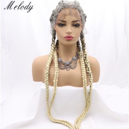 Knotless Box Braided Synthetic Lace Front Wig For Women Red Black And Blonde Long Wigs With Brown Roots Ombre Braiding Hair