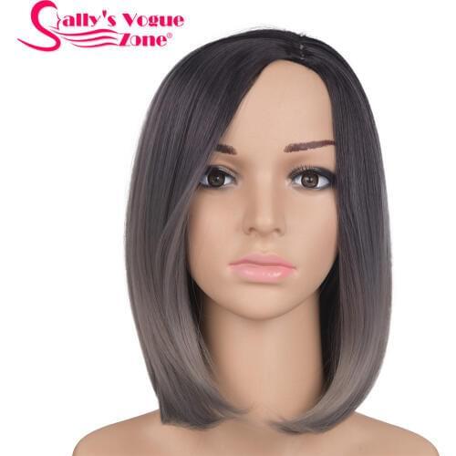 Sallyhair 12inch Japanese High Temperature Fiber Synthetic Centre Part Short Black Dark Grey Color Bob Wigs For Women