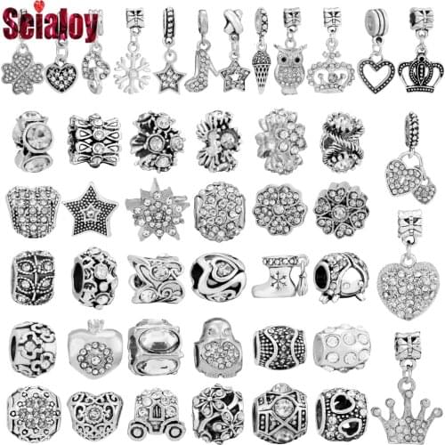 Seialoy 2pcs Silver Color Rhinestone Beaded Flower Pendant Heart Crown Charm Fit Brand Charms Bracelets DIY Jewelry Making