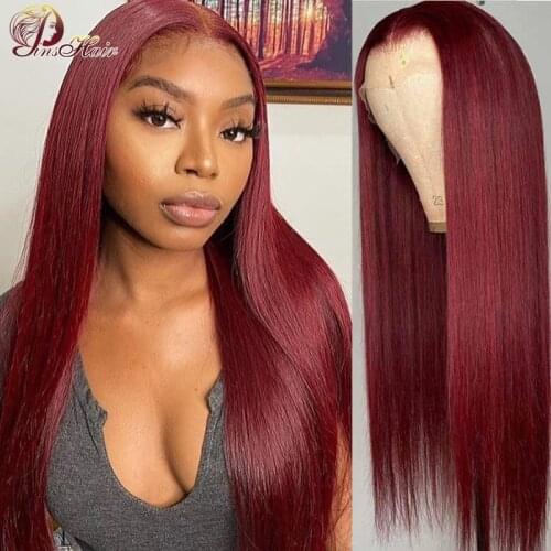 Pinshair Straight Lace Front Human Hair Wig For Women Long Human Hair Color 99J Burgundy Brazilian Bone Straight Lace Front Wigs