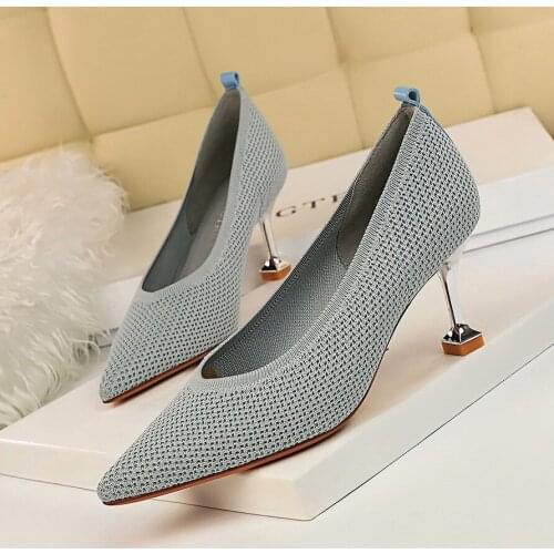 BIGTREE Women Pumps Flock Weave 7CM Thin High Heels Pointed Toe Shoes Slip On Women Office Pumps Party Prom Shoes