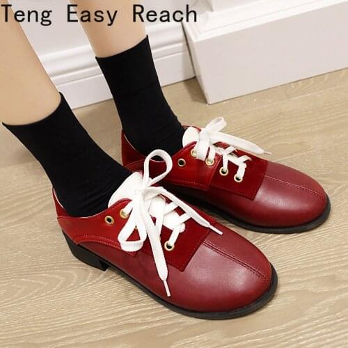 Spring fashion Round toe chunky heel lace-up shoesCasual college style brown red black size 33-43