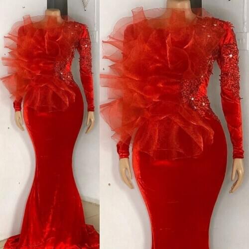 Vestidos formale Red Velvet Evening Dresses Woman Party Night Lace African Mermaid Prom Dress Long Sleeves Arabic Party Gowns