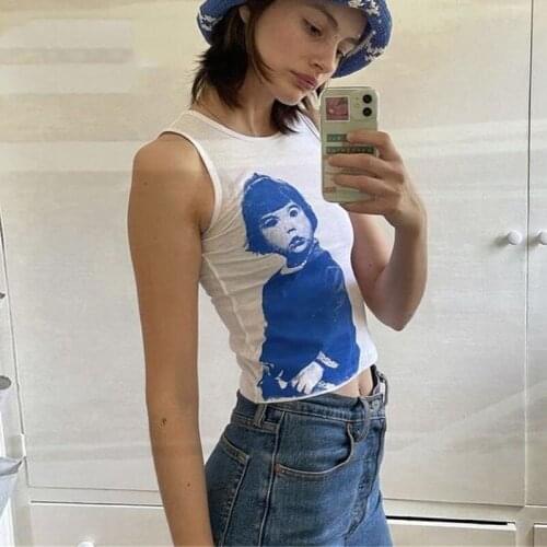 Women Round Neck Tank Tops, Trendy Portrait Letter Printed Sleeveless Slim Fit T-Shirts, 5 Color, S/M/L