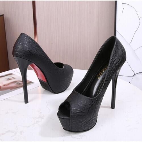 New Summer Super High (8cm-up) Women Shoes Solid Peep Toe Embossing Platform Thin High Heels Ladies Party Sexy Female Club Pumps