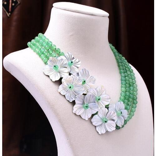 Women Jewelry 45cm 18'' 8 flower 4 Rows necklace 6mm green round ball crystal beads handmade fashion necklace