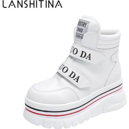 Women Snow Boots Thick Sole Soft Leather High Platform Ankle Boots White Chunky Sneakers Warm Plus Velvet Winter Boots Shoes 6CM