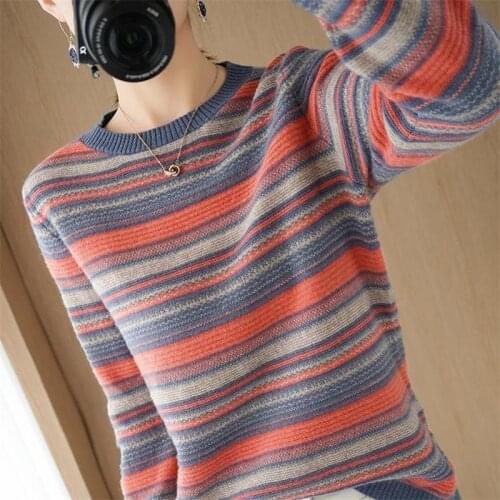 Women 2021 Spring Autumn New Oversize Sweater Tops Female Warm Casual Striped Knit Tops Ladies O-neck Pullover Jumpers P373