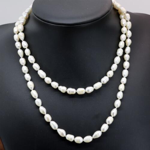 Hot sale charms white natural freshwater pearl 9-10mm barrel rice long chain necklace for women elegant diy jewelry 36inch B2918