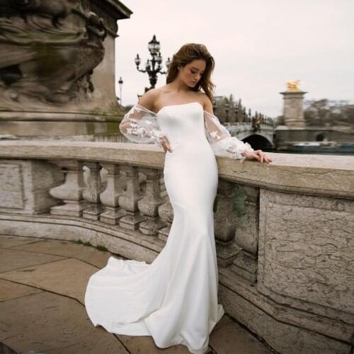 Off the shoulder Long Sleeve White Wedding Dress Mermaid Satin Bridal Gowns Custom Made Vestido De Noiva