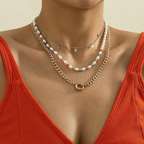 Vintage Rural Pearls Colorful Seed Beads Thick Chain Choker Necklace for Women Geometric Beaded Star Choker Collar Jewelry Gift