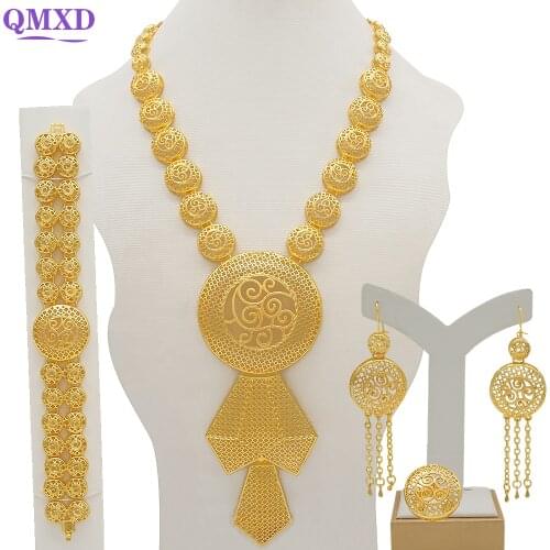 Gold Long Necklace/Earrings/Ring Big Jewelry Set Women Gold Color Arab Jewelry Wedding Accessories
