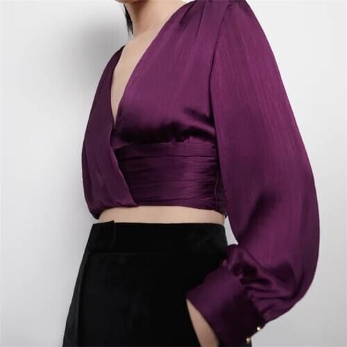 ZXQJ Women 2021 Fashion Small Pleated Hem Knot Double-breasted Blouses Vintage Long Sleeve Female Shirts Chic Tops