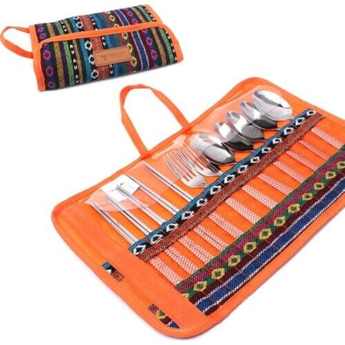 12pcs outdoor tableware camping portable stainless steel chopsticks knife fork spoon picnic + bag camp plegable