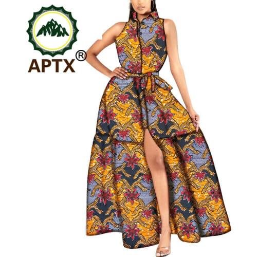 African Women Clothing Floor Length Party Dresses Sleeveless Turn Down Collar Ankara Style Skirt Pure Cotton African Princess