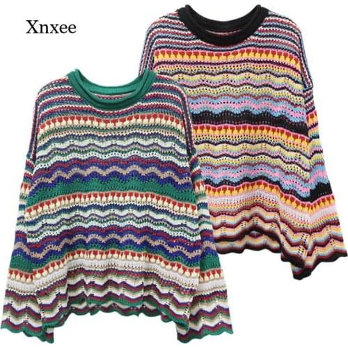 Hollow Out Sweater Multi Color Blocked Knitted Pullover Women Summer Casual Flare Sleeve Cool Girls Fashion Jumper 2021 Tops