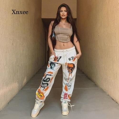 2021 Spring Autumn Graffiti Trousers Street Wear Gothic Trend Cotton Multi-Pattern Printing Bandage Thick Warm Casual Harem Pant