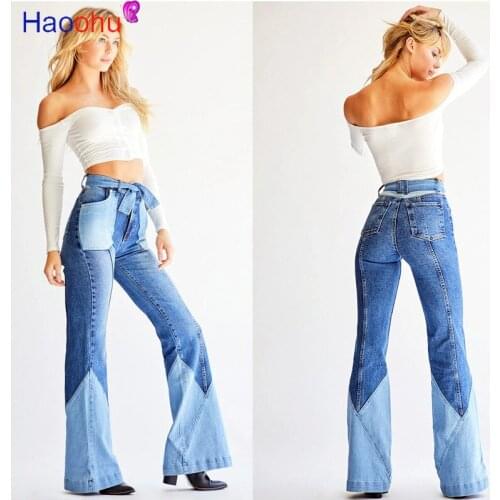 HAOOHU Patchwork Woman High Waist Vintage Flare Jeans Sexy Ladies Jeans Bell Bottom Jean Denim Pants Trousers