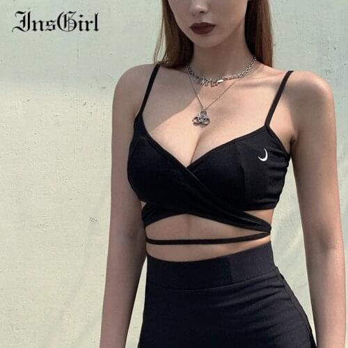InsGirl New Fashion Camis Women Crescent Printed Strapless Lacing Crop Tank Tops Gothic Punk Dark Black Streetwear Vest Female