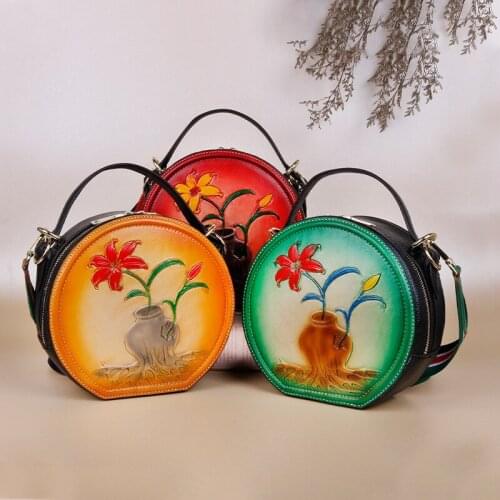 Chinese Wind Restoring Ancient Ways Round Cosmetic Bag Leather Embossed Brand Handmade Cowhide Leisure Chic Shoulder Bags