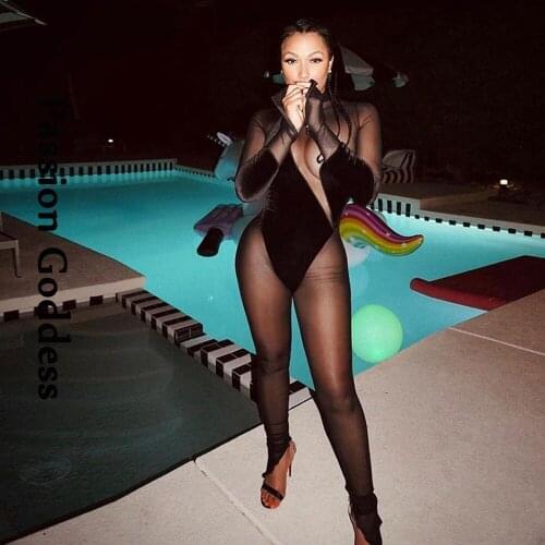 Sexy Women See-through Mesh Jumpsuit Patchwork Velvet Long Sleeve Slim Rompers Dance Nightclub Party Outfits Overalls Jumpsuits