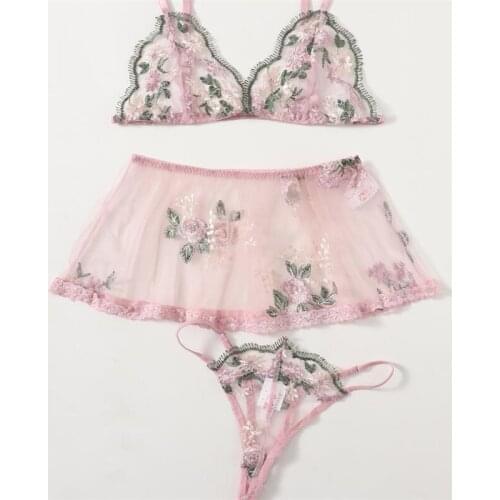 FUFUCAILLM 3pcs Women Lingerie Set Mesh See Through Floral Embroidery Bra +Ruffle Hem Mini Skirt + Elastic Waist Panty Underwear