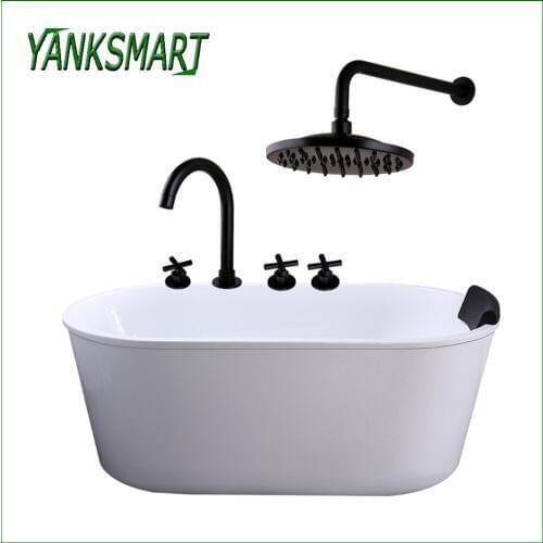 YANKSMART Matte Black 5 Pcs Bathtub Faucet Rainfall Spout Hot And Cold Mixer Water Tap With 8 Inch Round Shower Head Combo Kit