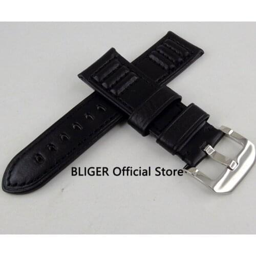Fashion 24mm Black Genuine Leather Watch Strap Fit For 44mm 47mm Mens Watch ST1