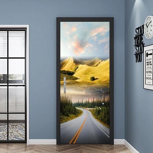 New 2pcs/set Road Scenery DIY Door Art Mural Sticker Home Decor Bedroom Living Room Door Wall Stickers Self-adhesive Wallpaper
