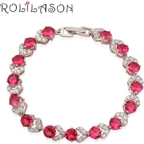 ROLILASON Fantastic Rose Red Zircon Silver beautiful Bracelets for women Fashion jewelry romantic gift TB530