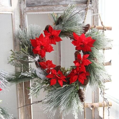 Christmas Wreath Imitation Flowers with Pine Cones Decorative Hanging Garland For Holiday Front Door Wall Window Decor