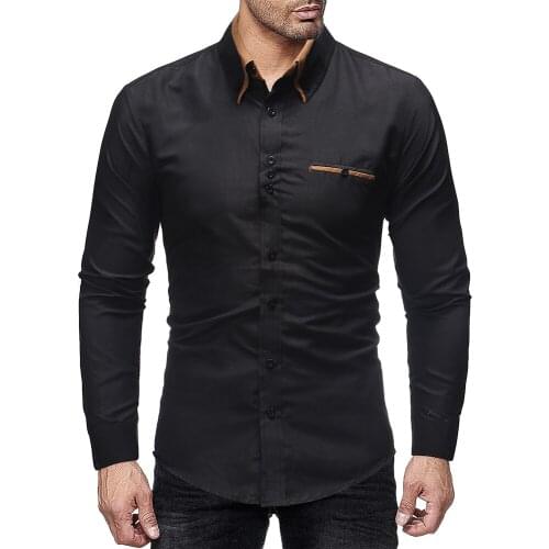 New foreign trade mens fashion double collar stitching pure color casual slim long sleeved shirt camisas hombre men clothes