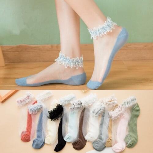 Women Girls Sexy Lace Short Stockings Spring Summer Ultra Thin Breathable Transparent Elastic Fashion Cotton Bottom Silk Socks
