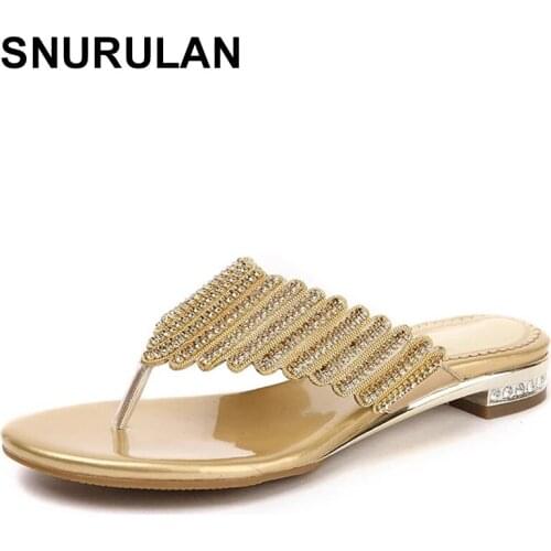 SNURULAN Fashion 2021 Summer Wedge Shoes Womens Slippers Rhinestone Brand Beach Flip Flops Sexy Sweet Gold Heels Ladies Slides