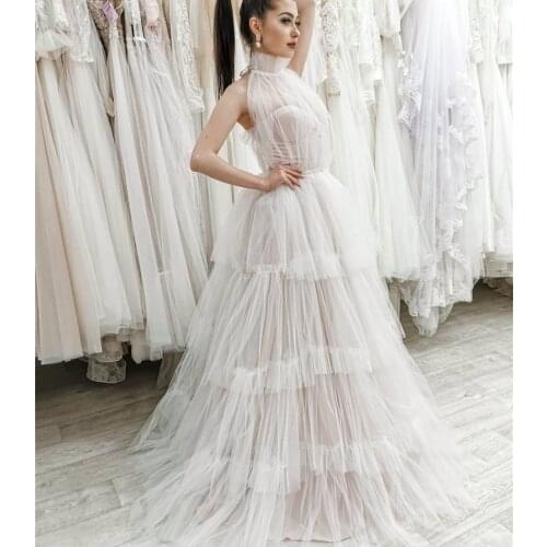 Wedding Dress A-Line Halter Sleeveless Backless Pearls Sashes Pleat Tulle Floor Length Court Train Bride Gown Custom Made New