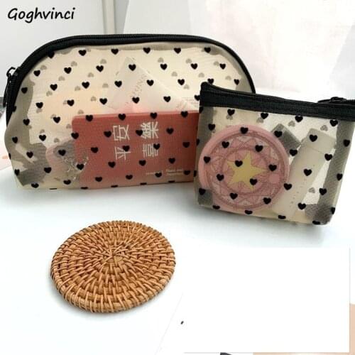 Women Cosmetic Bags Heart Pattern Hollow Out Zipper Toiletries Storage Organizer Make Up Bag Wash Outdoor Girls Pouch Chic Cute