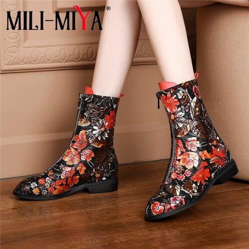 MILI-MIYA Fashion Vintage Classic Printed Ankle Boots Women Nubuck Leather Retro Block High Heels Zip Banquet Shoes Size 34-40