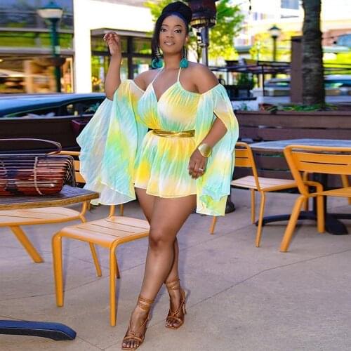 Summer Tie Dyeing Print Rompers Women Bodysuit Sexy Off Shoulder Split Flare Sleeve Overalls Elegant Loose Beach Playsuit Sash