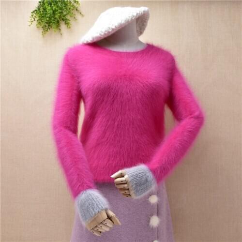 Winter Top mujer femme solid sweet pink o-neck long sleeves slim sweater mink cashmere knitted clothes pull female women blouses