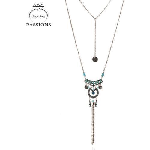 Hot Sale Bohemian Antique Silver Color Green Stone Double Layer Long Tassel Pendant Necklace Vintage Sweater Chain Women Jewelry