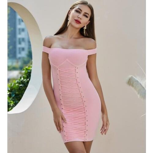 Summer Fashion Sexy Off Shoulder Lacing Pink Bodycon Women Bandage Dress 2020 Elegant Evening Party Dress Vestido